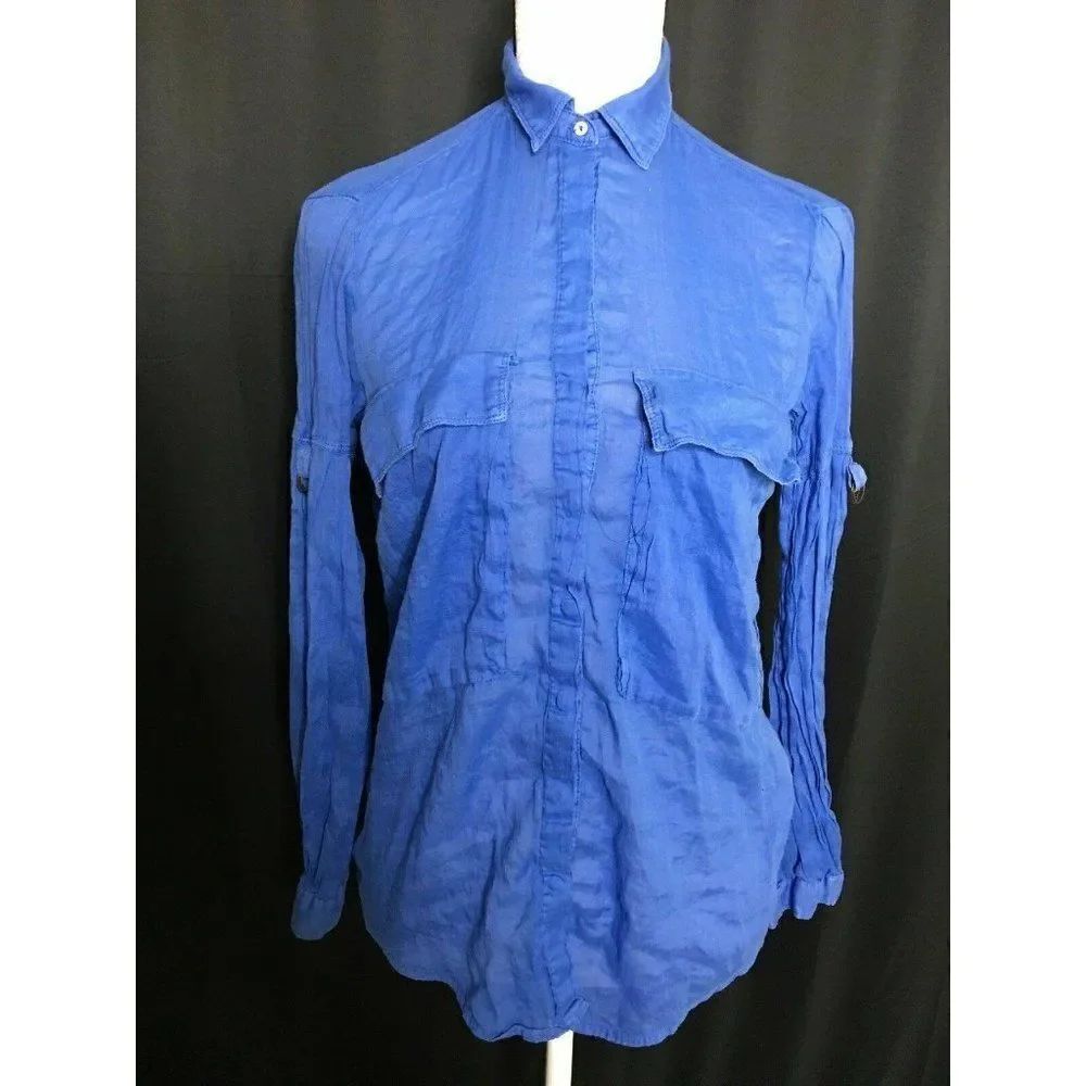 Zara Womens Solid Blue Long Sleeve Casual Button Down Top Xs